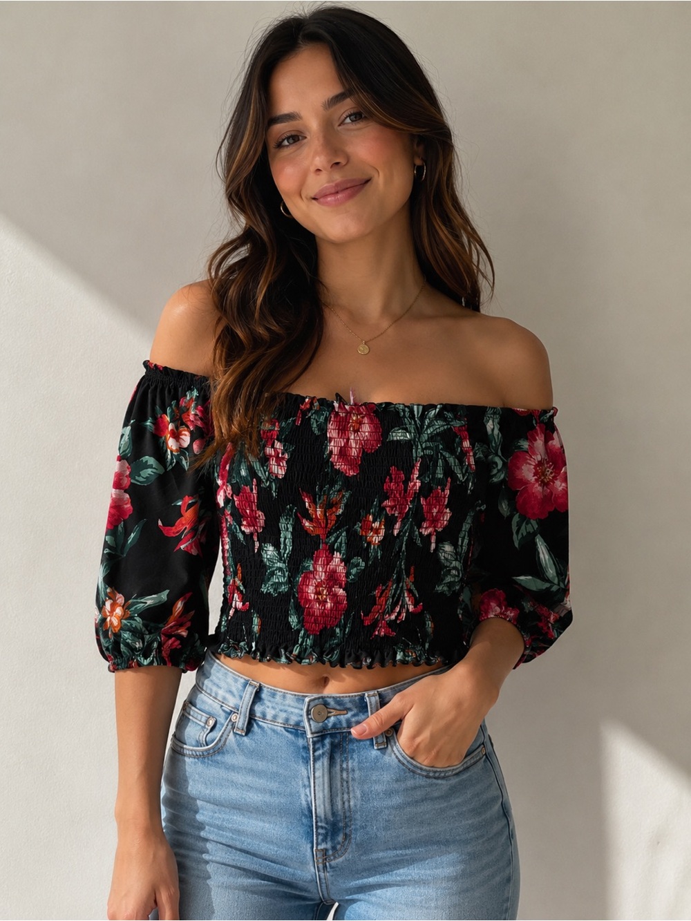 $38 Floral cropped smocked top